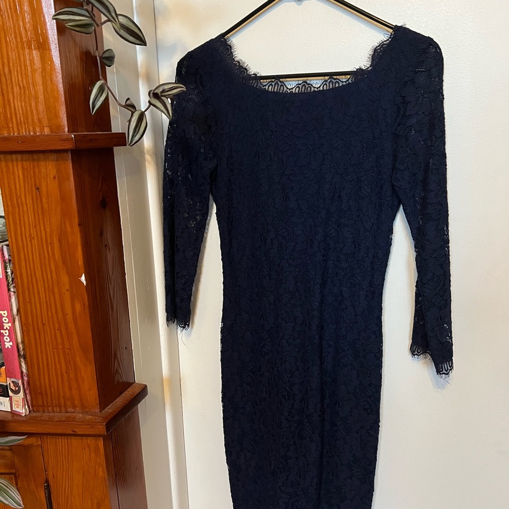 DVF Diane Von Furstenberg Zarita Navy Blue Eyelash Lace Sheath Dress Sz 2